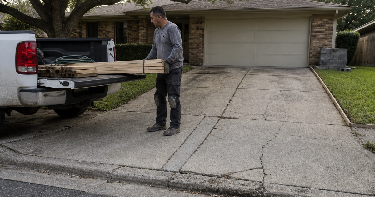A concrete contractor lifting a bundle of form lumber off the truck bed at the start of a driveway job in Bryan.