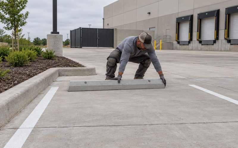 A precast concrete wheel stop being set on a new commercial parking bay in Bryan, the striped lot running away behind it.