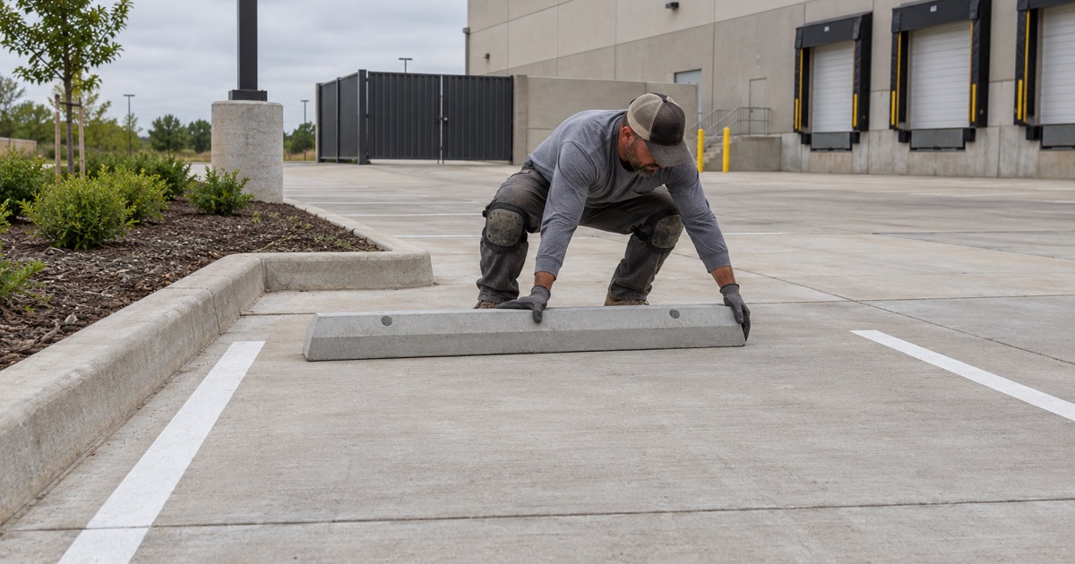 A precast concrete wheel stop being set on a new commercial parking bay in Bryan, the striped lot running away behind it.