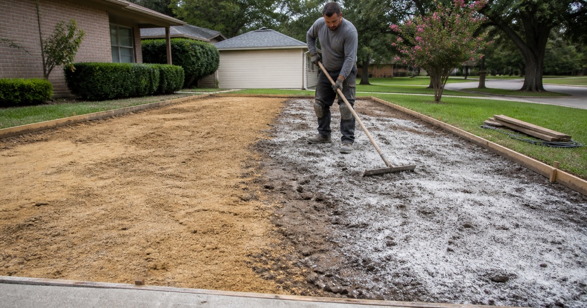 Lime being raked into the clay half of a Brenham building pad, the sand half of the same lot needing none.