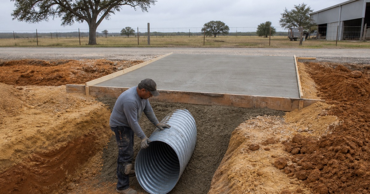 A corrugated metal culvert pipe being set in the bar ditch at a county road entrance near Cameron.