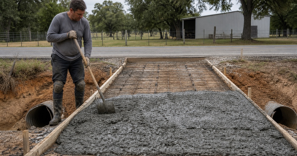 A concrete entrance apron being placed at a county road entrance at Gause, stopping short of the road edge.