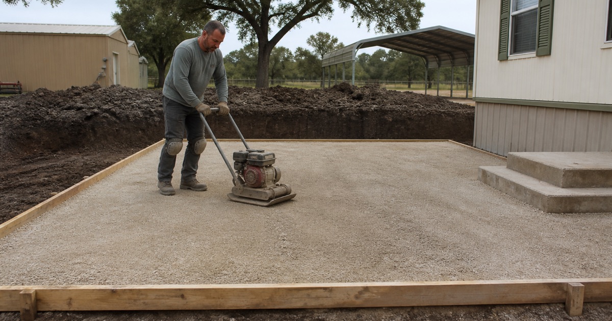 Base course being compacted for a carport pad at a manufactured home near Lake Bryan, the cut showing heavy clay with no sandy layer.