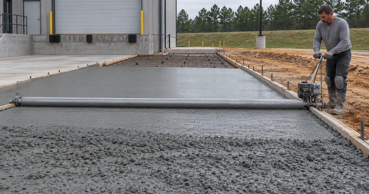 A roller screed being drawn across a wide commercial truck court pour in Madisonville.