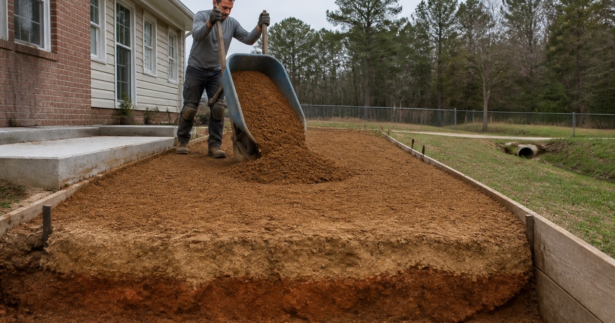 Fill being barrowed in to raise a driveway pad above grade on a low lot in Navasota, bottomland treeline behind.