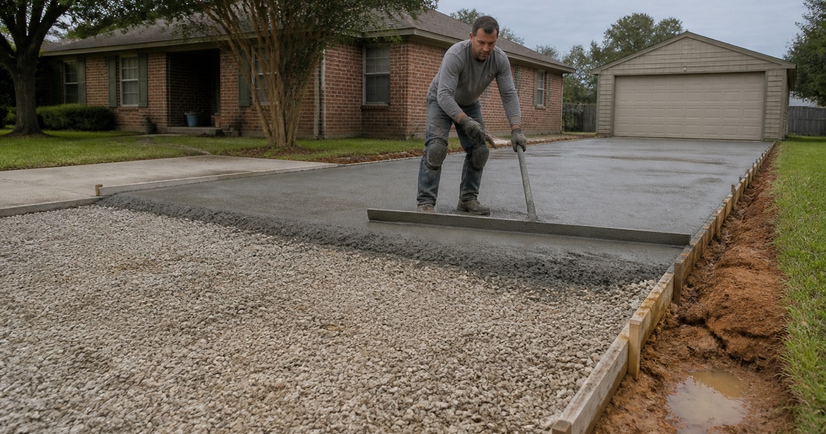A gravel front yard parking pad in Rockdale being replaced with concrete, half gravel and half fresh pour.