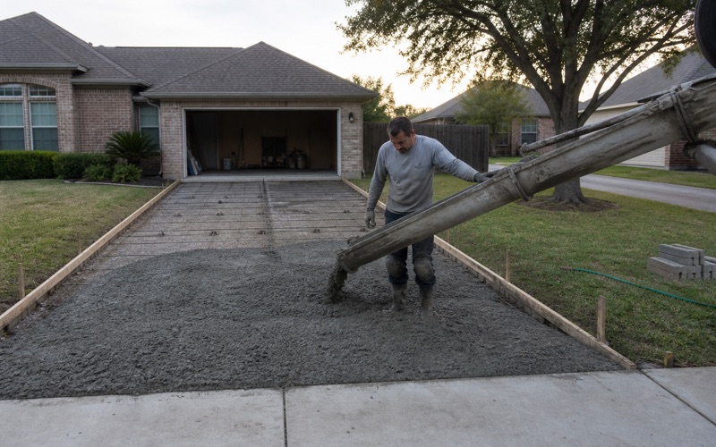 Ready mix concrete discharging down the chute into the formed driveway at a Bryan house, the placer guiding the chute lip.