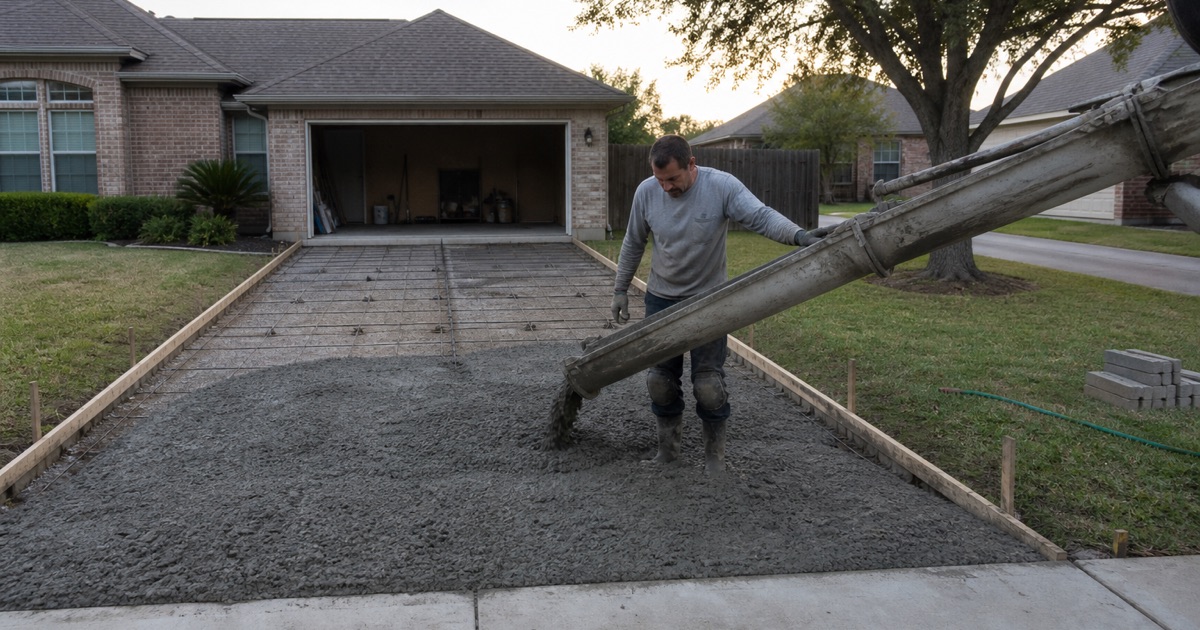 Ready mix concrete discharging down the chute into the formed driveway at a Bryan house, the placer guiding the chute lip.