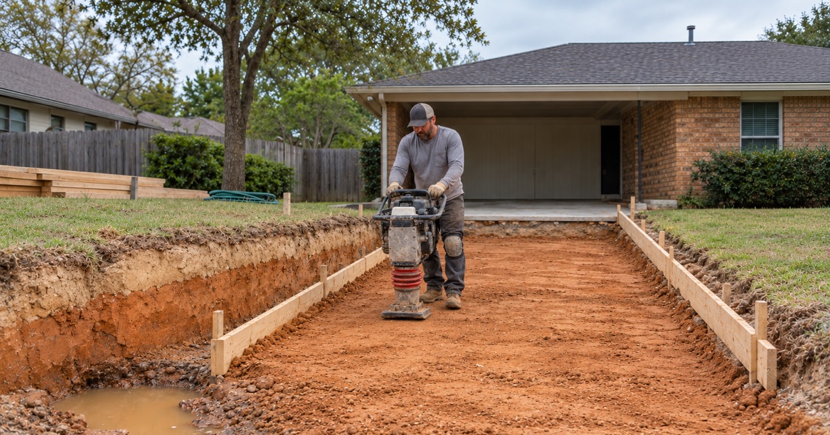 Select fill being compacted in lifts under a replacement driveway in College Station, the trench face showing sand over clay.