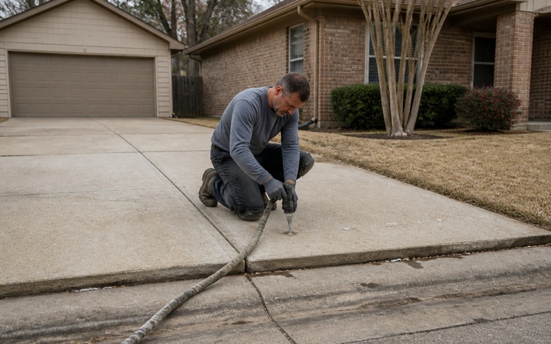 Polyurethane foam being injected through drilled ports to lift a sunken driveway panel in Bryan back to grade.