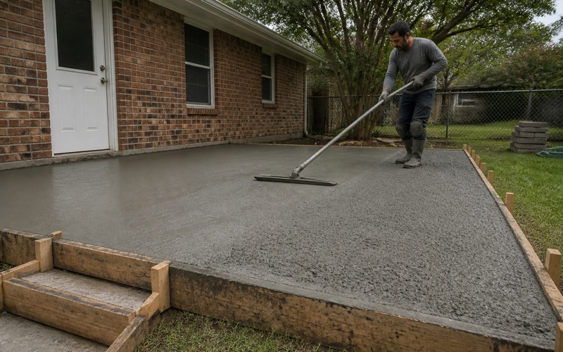 A fresh patio pour in Bryan being bull floated flat, the float running out across the wet surface.