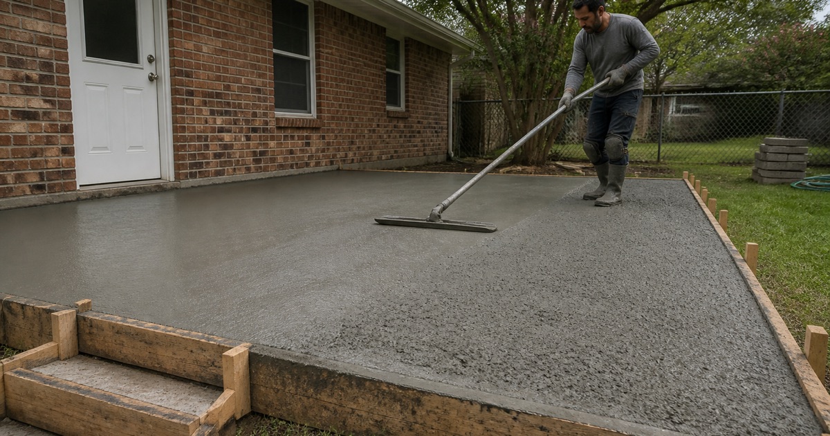 A fresh patio pour in Bryan being bull floated flat, the float running out across the wet surface.
