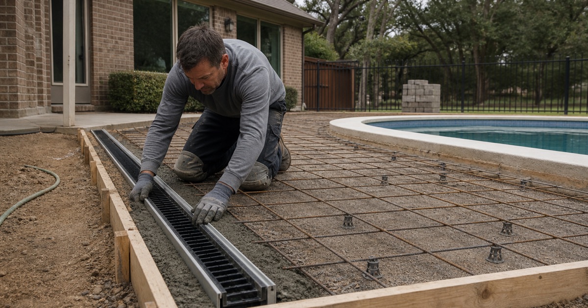 A trench drain channel being bedded along the low edge of a formed pool deck in Bryan before the pour.