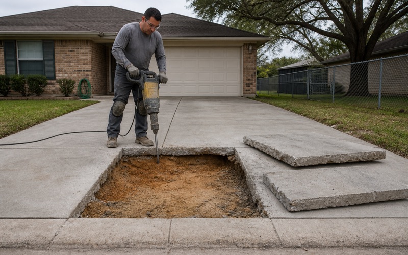 A failed driveway slab in Bryan being broken out in sections, the four inch edge and the washed out base showing underneath.
