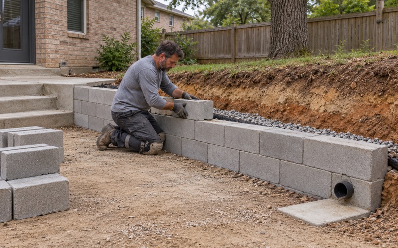 A segmental block retaining wall going up course by course in Bryan, drainage stone and drain pipe behind the first courses.
