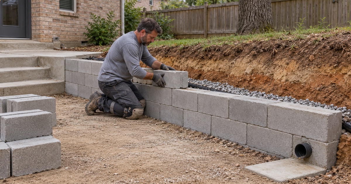 A segmental block retaining wall going up course by course in Bryan, drainage stone and drain pipe behind the first courses.