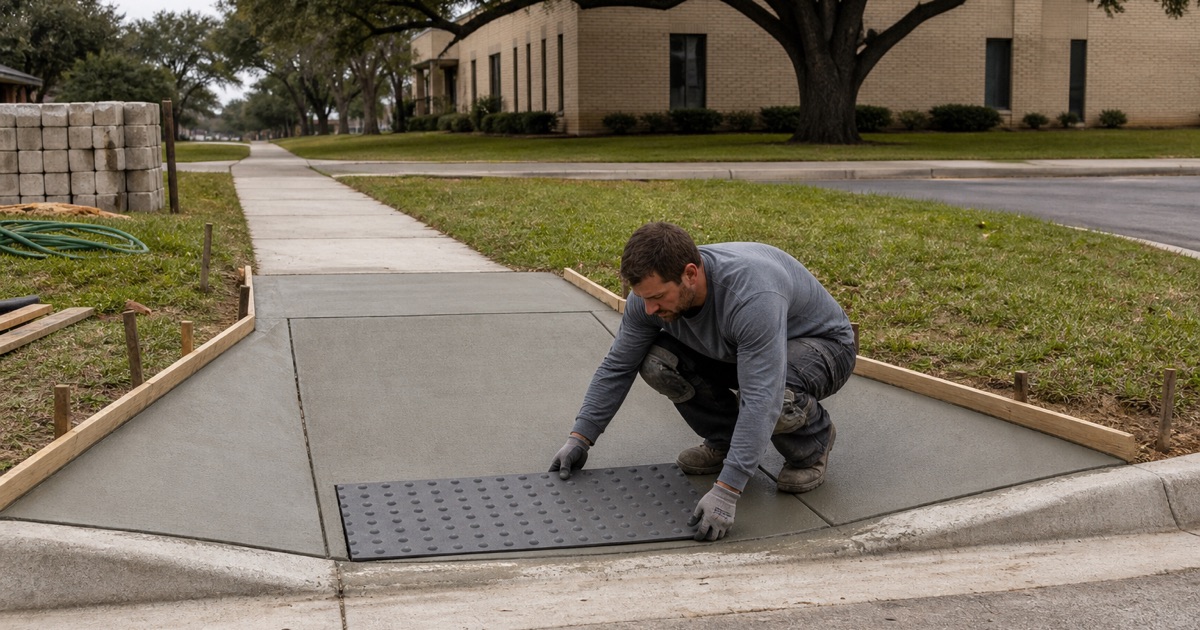 A detectable warning panel being set into the green concrete of a new curb ramp landing in Bryan.