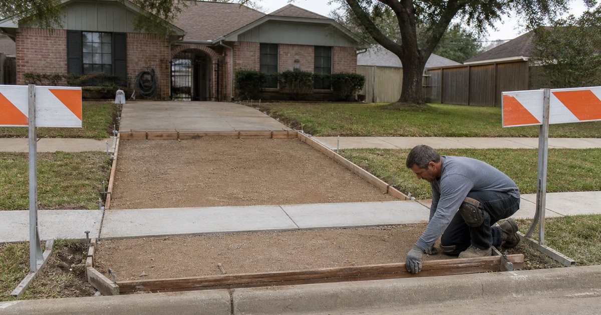 A driveway approach being formed in the public right of way in Bryan, dowels set through the header at the curb.