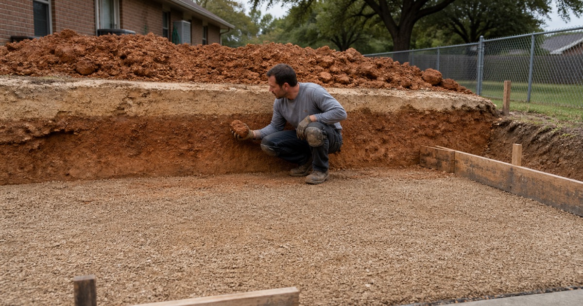 An open slab excavation in Bryan whose cut face shows a few inches of pale sand lying directly on stiff clay, with a worker holding a clod of the clay at the face.