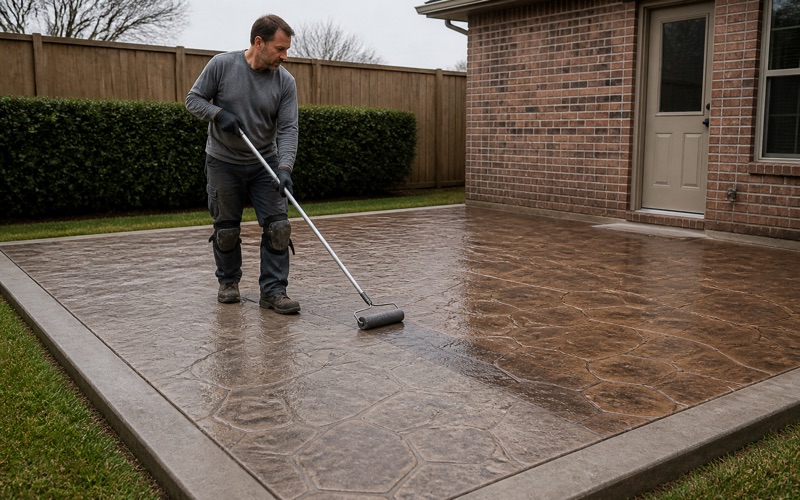 Sealer being rolled onto a finished stamped concrete patio in Bryan, bringing up the color and pattern behind the roller.