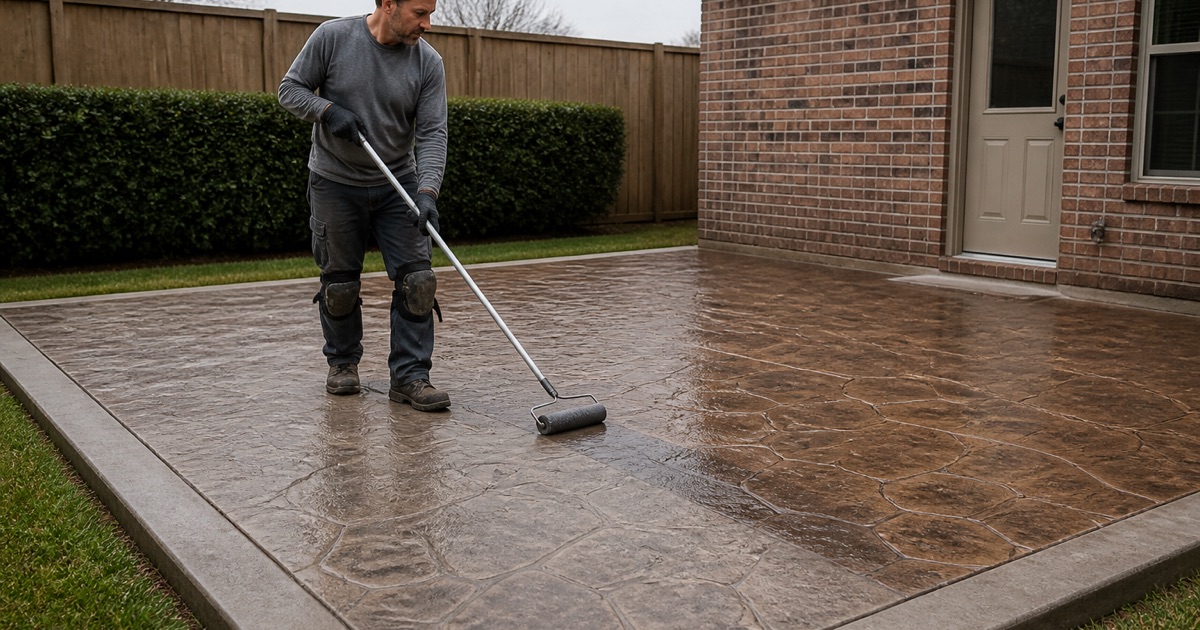 Sealer being rolled onto a finished stamped concrete patio in Bryan, bringing up the color and pattern behind the roller.